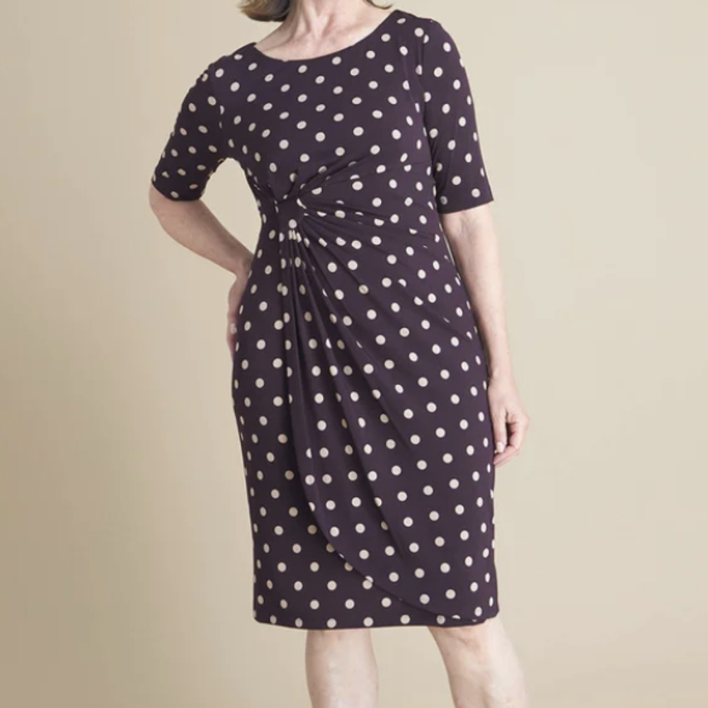 Connected Apparel Navy Polka Dot Side Knot Sheath Dress 12P Petite 608